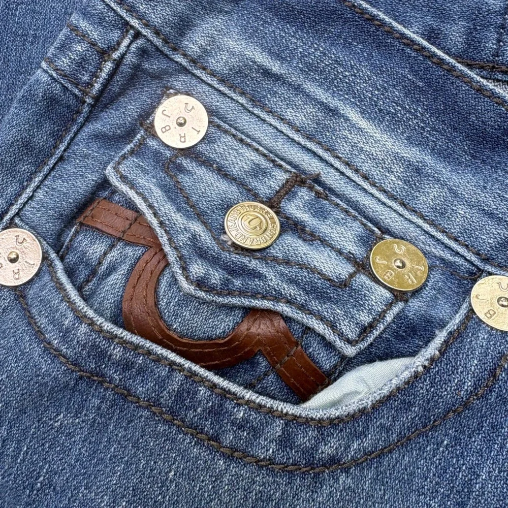 Y2K True Religion Billy Jeans 36 Blue Leather Horseshoe Faded Raw Hem Skater‎